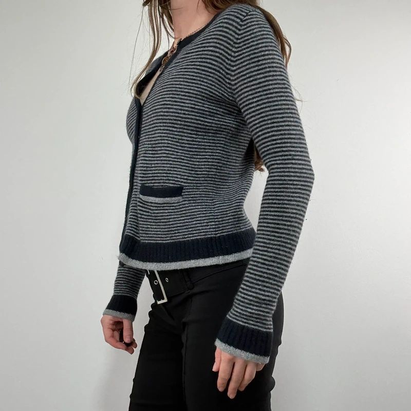 navy pinstripe button up cardigan crewneck