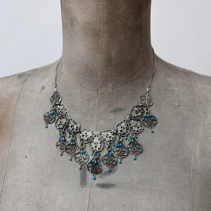 silver boho wire flower necklace