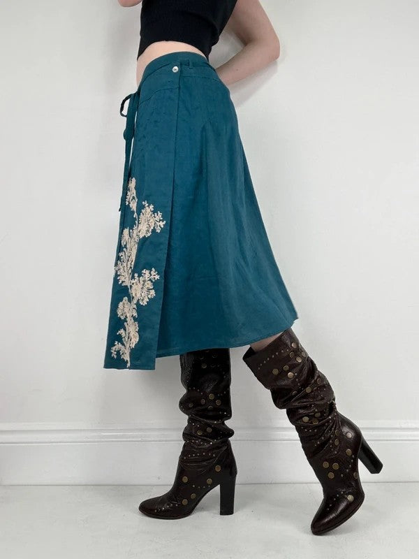 blue linen embroidered wrap lace midi skirt