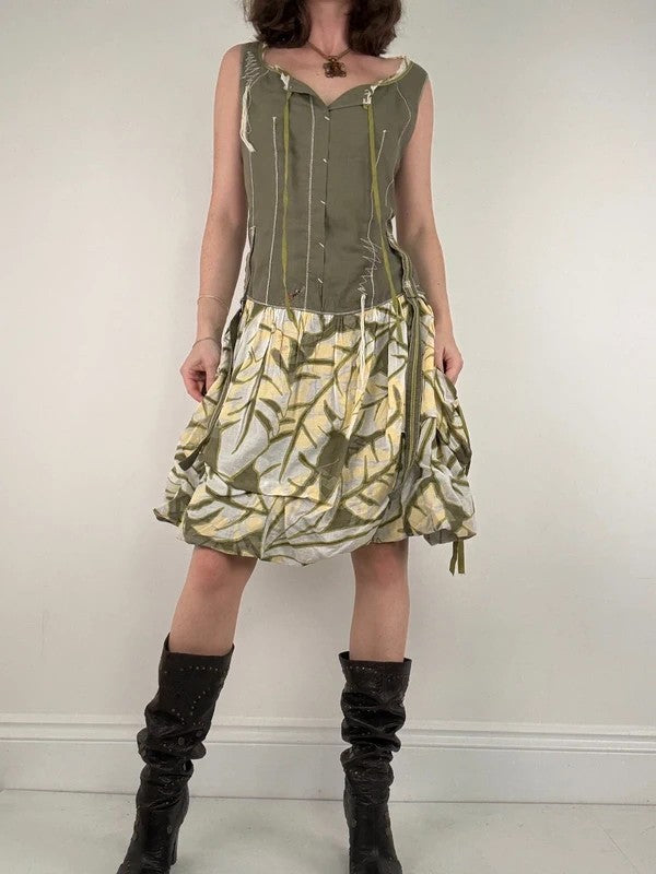 Cargo khaki patterned toggle midi puff dress