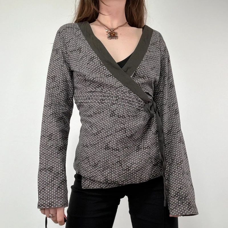 brown polkadot wrap shirt