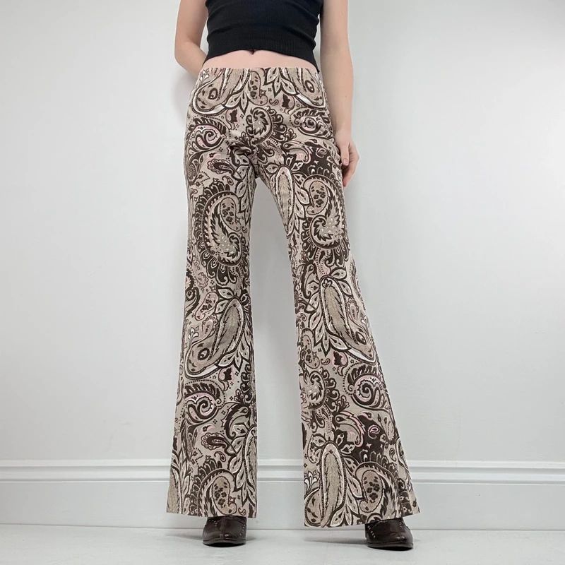 brown paisley flared trousers