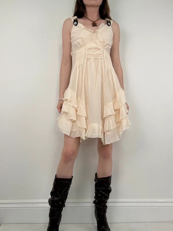 cream layered ruffle cotton silk summer mini dress
