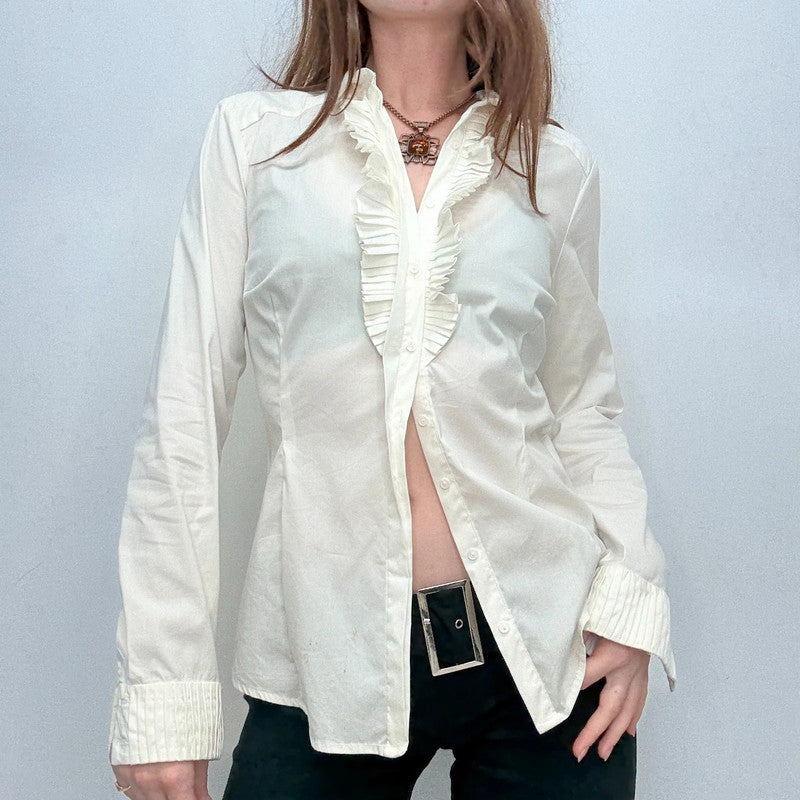 white fitted ruffle shirt