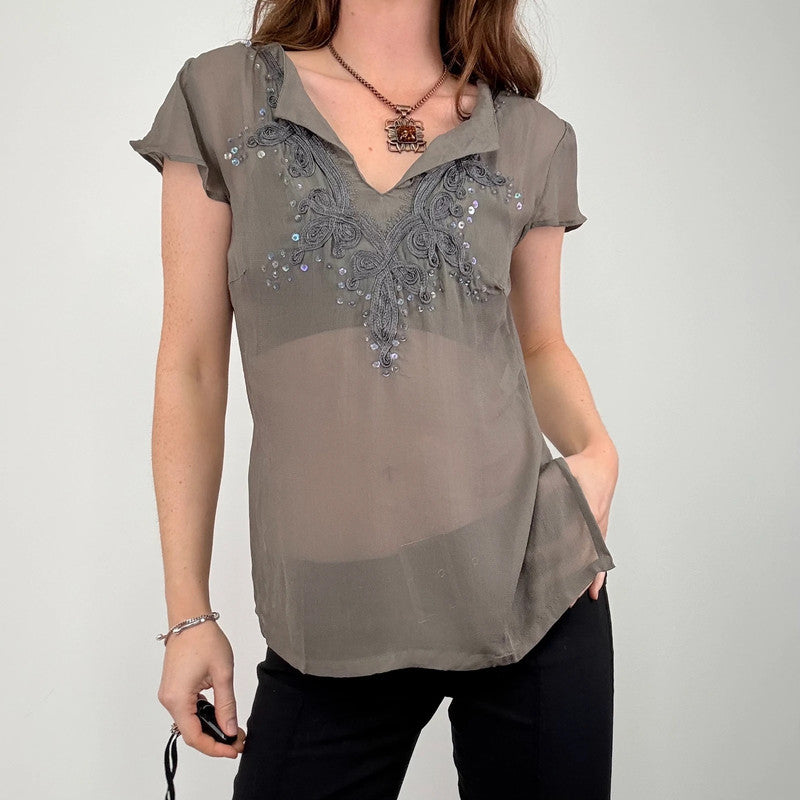 grey sheer beaded flutter shirt