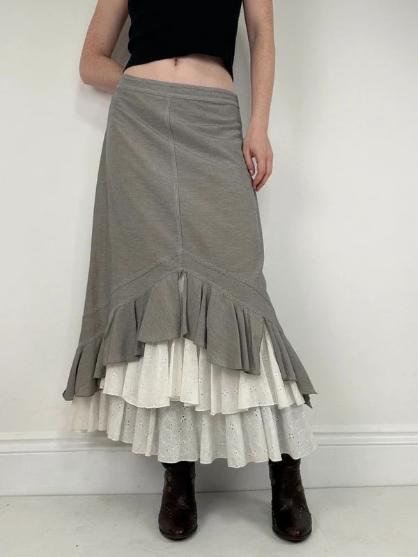 Pleated flared layered ruffle maxi skirt
