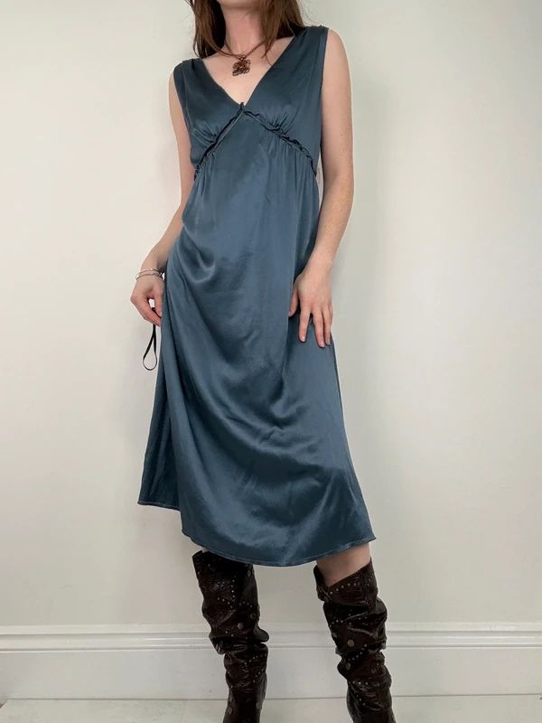 blue silk gathered floaty bias cut midi dress