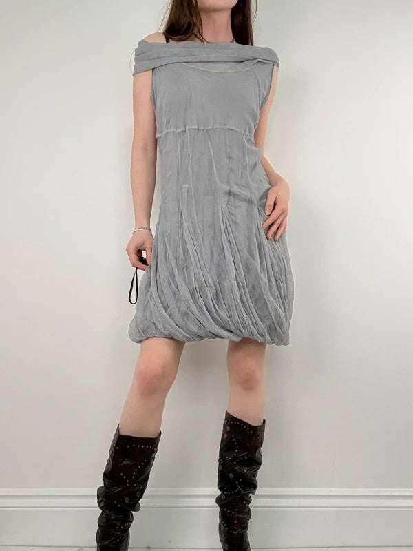 grey gathered slouchy puff midi dress