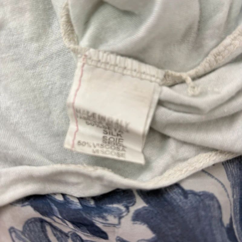 white and blue silk draped regency printed batwing blouse