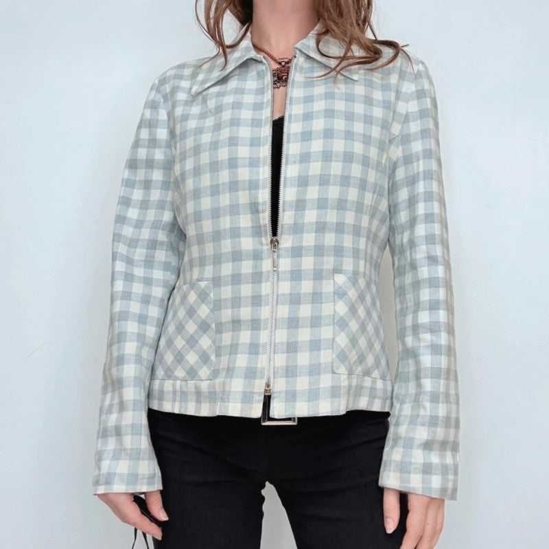 boxy blue and white gingham cropped linen zip-up jacket