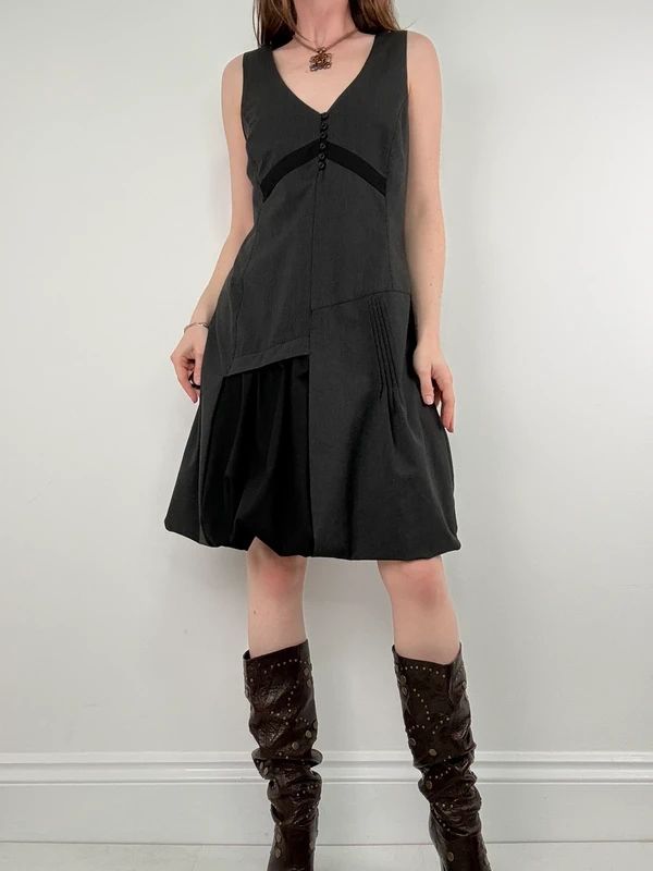 black deconstructed flared midi dress