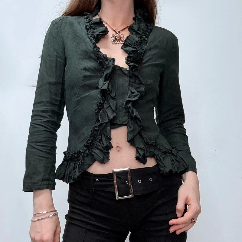 black linen flared ruffle shirt