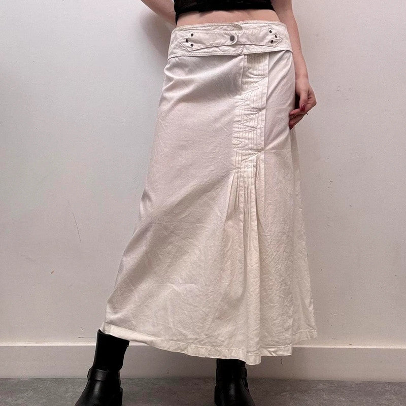 pleated white linen midi skirt