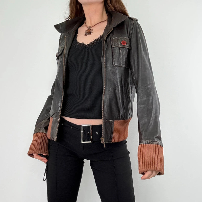 brown leather cinched ribbed waistband jacket