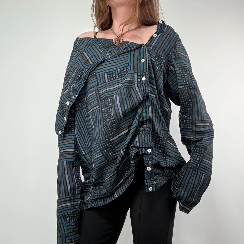 Asymmetric fold over draped checked pinstripe Shirt