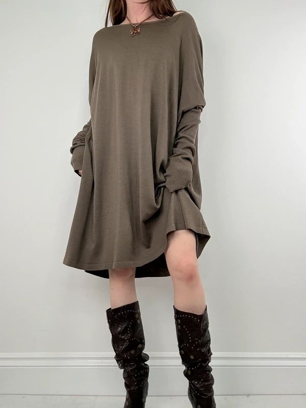khaki batwing slouchy long sleeve dress