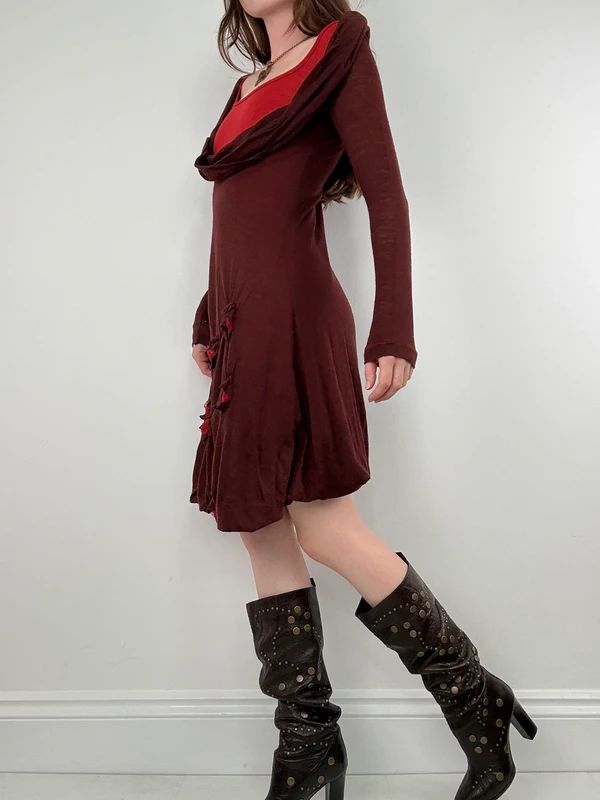 layered cinched long sleeve burgundy flared dress