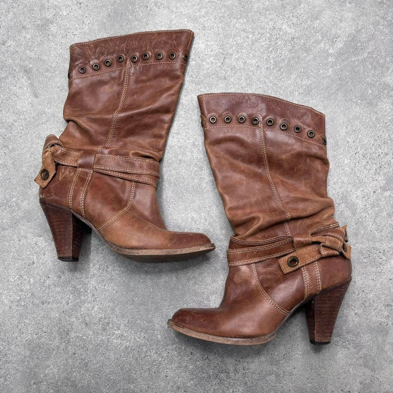 tan leather slouchy studded boots
