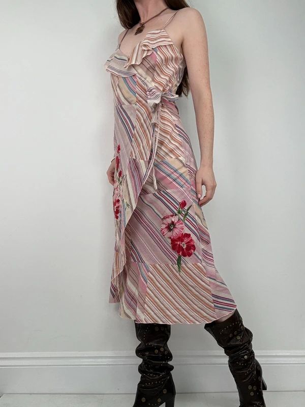 pink pinstripe flared ruffle maxi dress