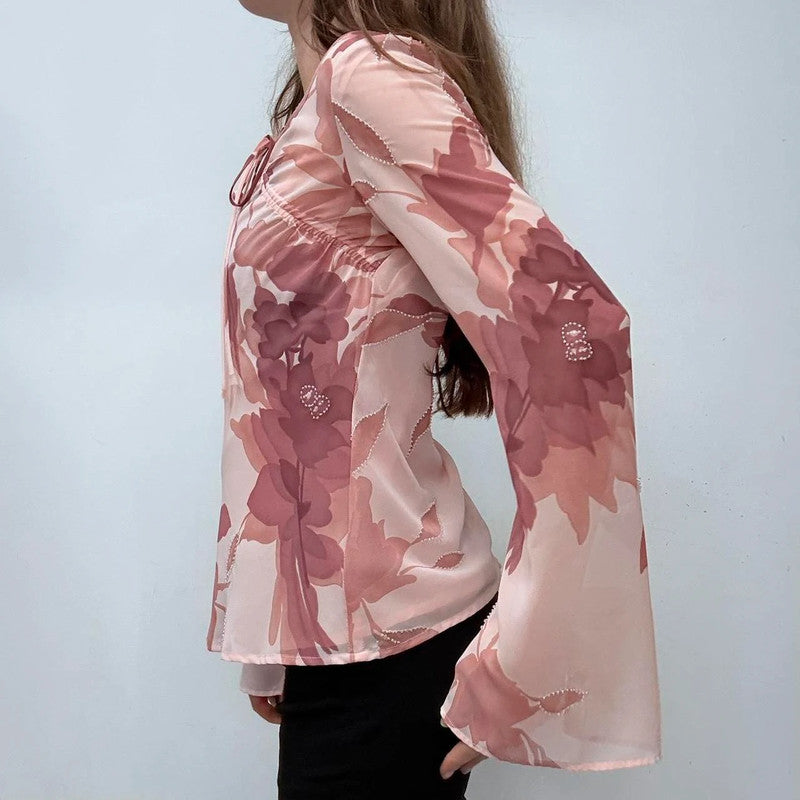 pink flared floral shirt