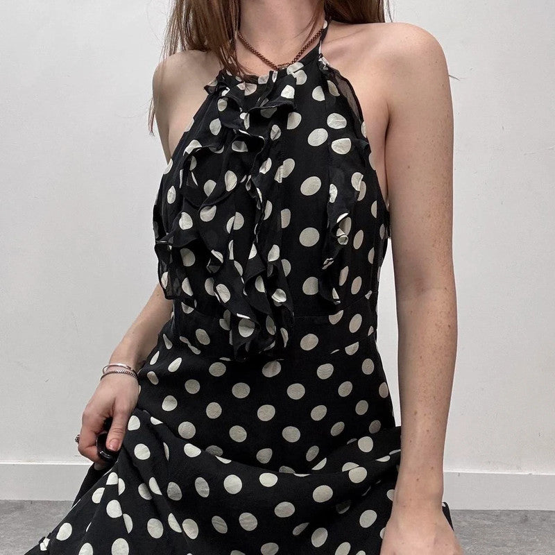 silk polka dot ruffle black and white dress