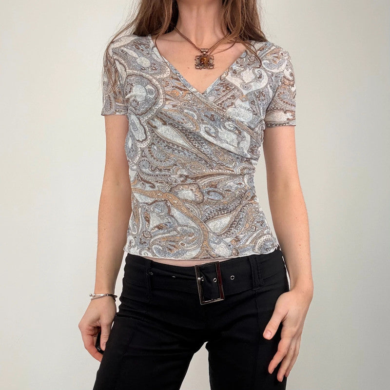 grey brown paisley mesh gathered wrap top