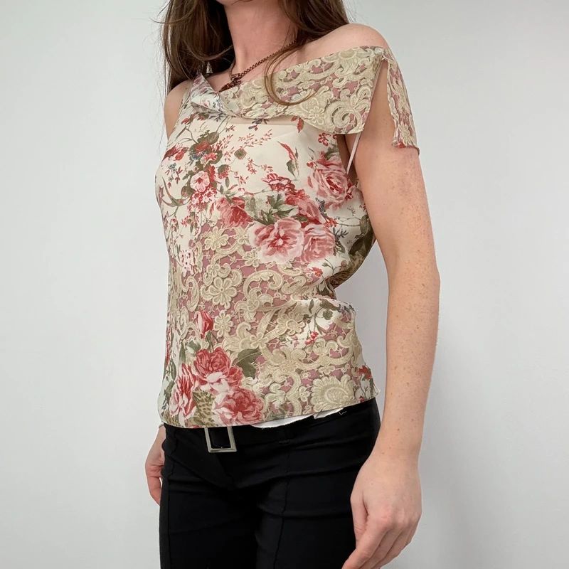 Lace Print cowl neck Drape Vest