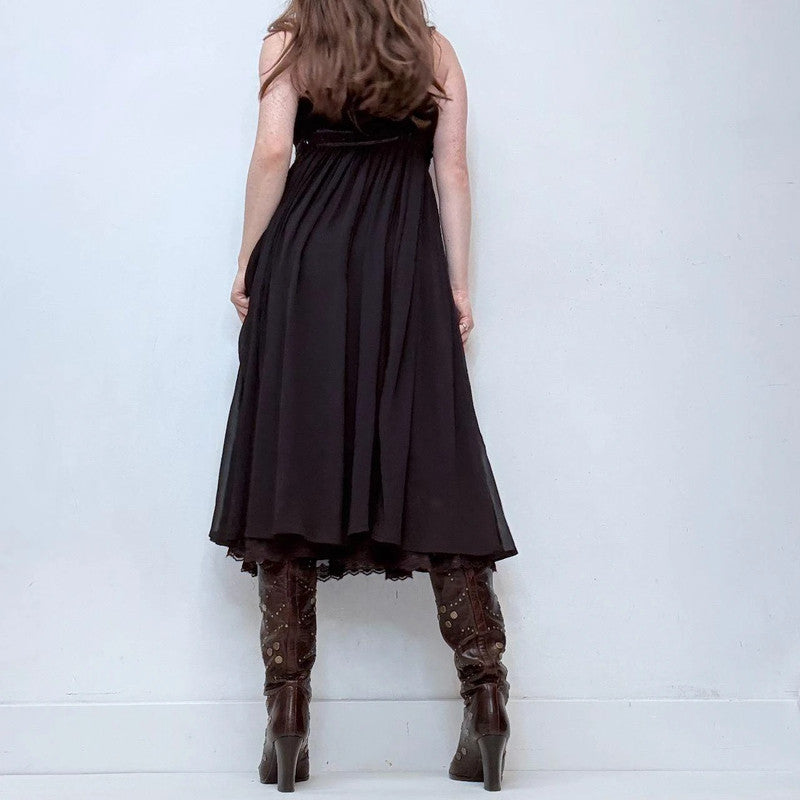 brown crinkle pleated maxi dress
