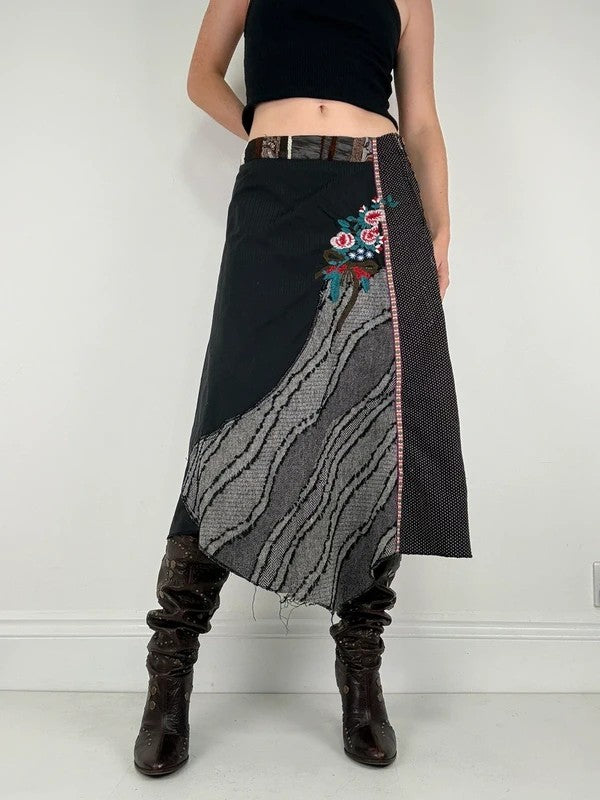 Patchwork embroidered asymmetric skirt