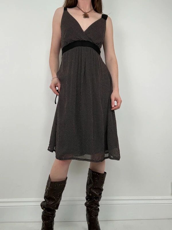 black polkadot flared midi dress