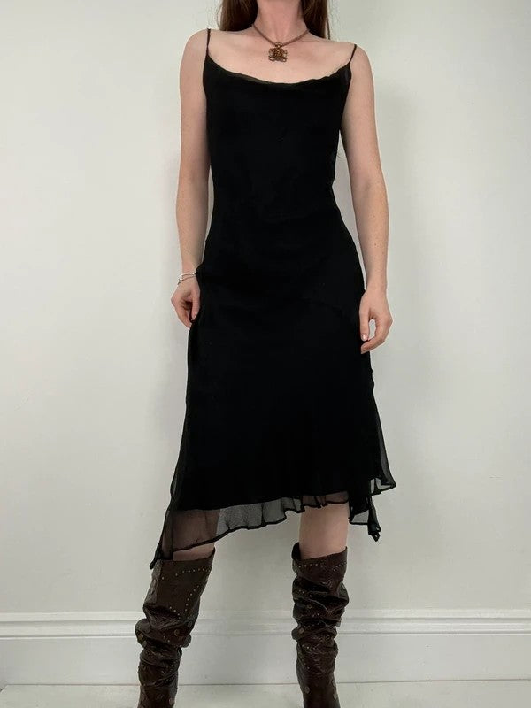 black silk bias cut layered flutter dress