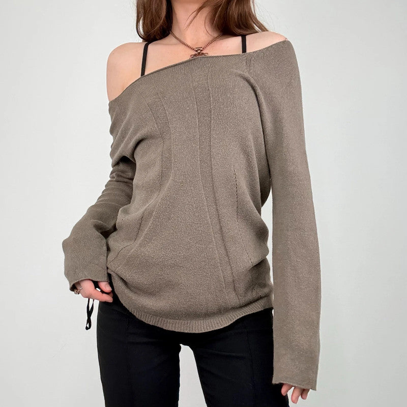 slouchy brown knit off the shoulder jumper