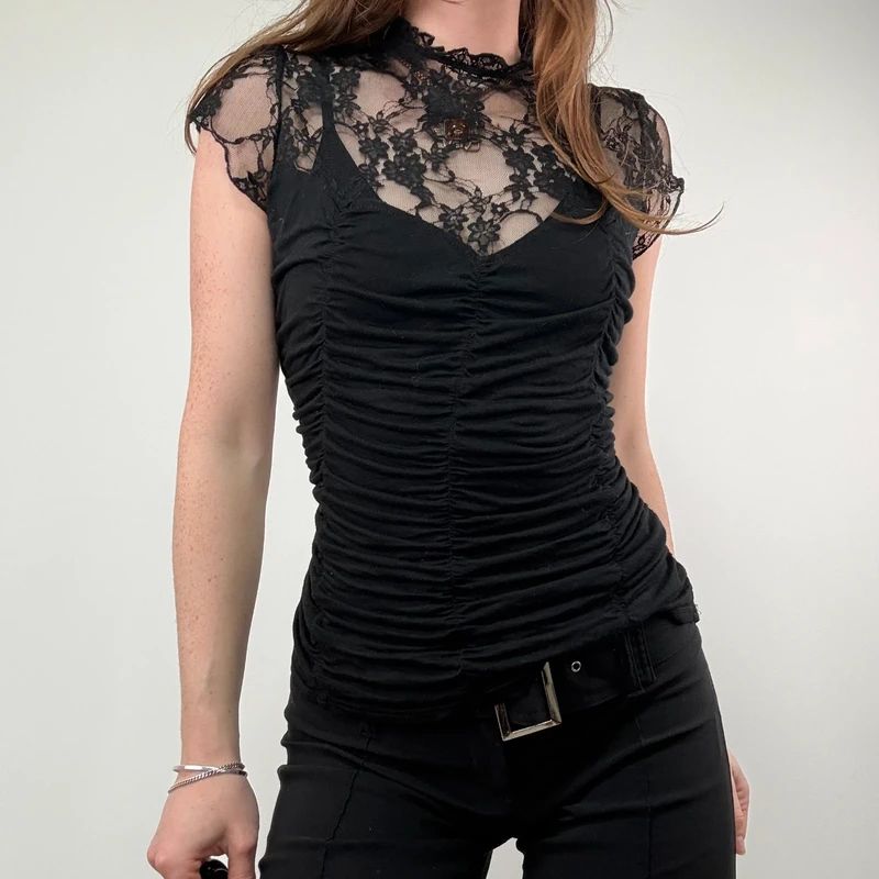 Black Lace Ruched Corset Shirt