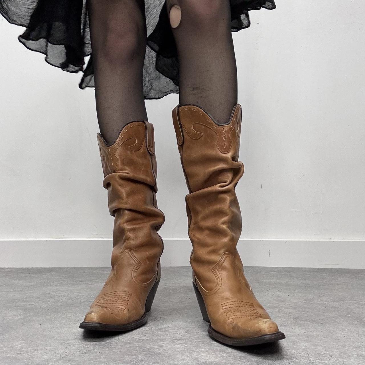Tan leather slouchy cowboy boots