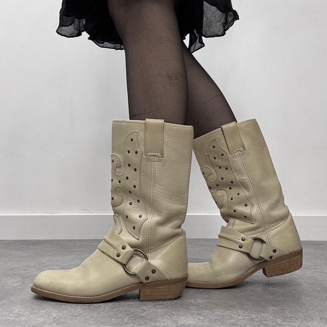 Cream leather chunky cowboy boots