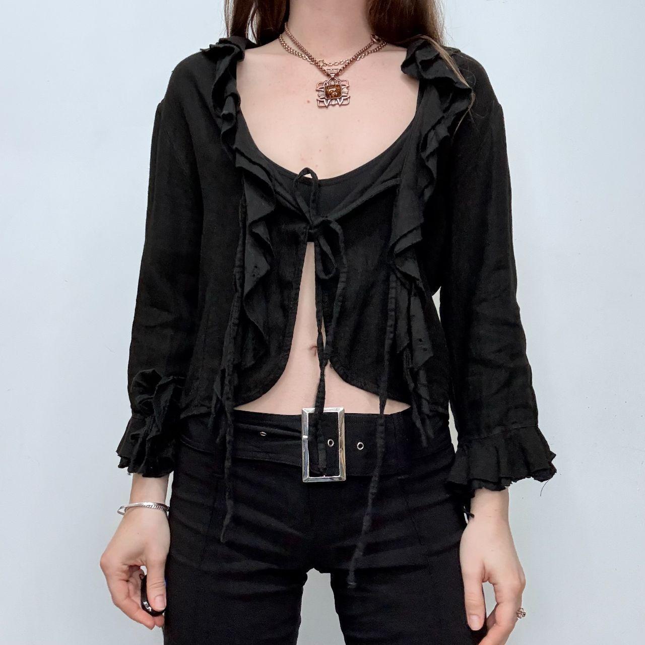 Black ruffle linen flared tie up ruffle shirt