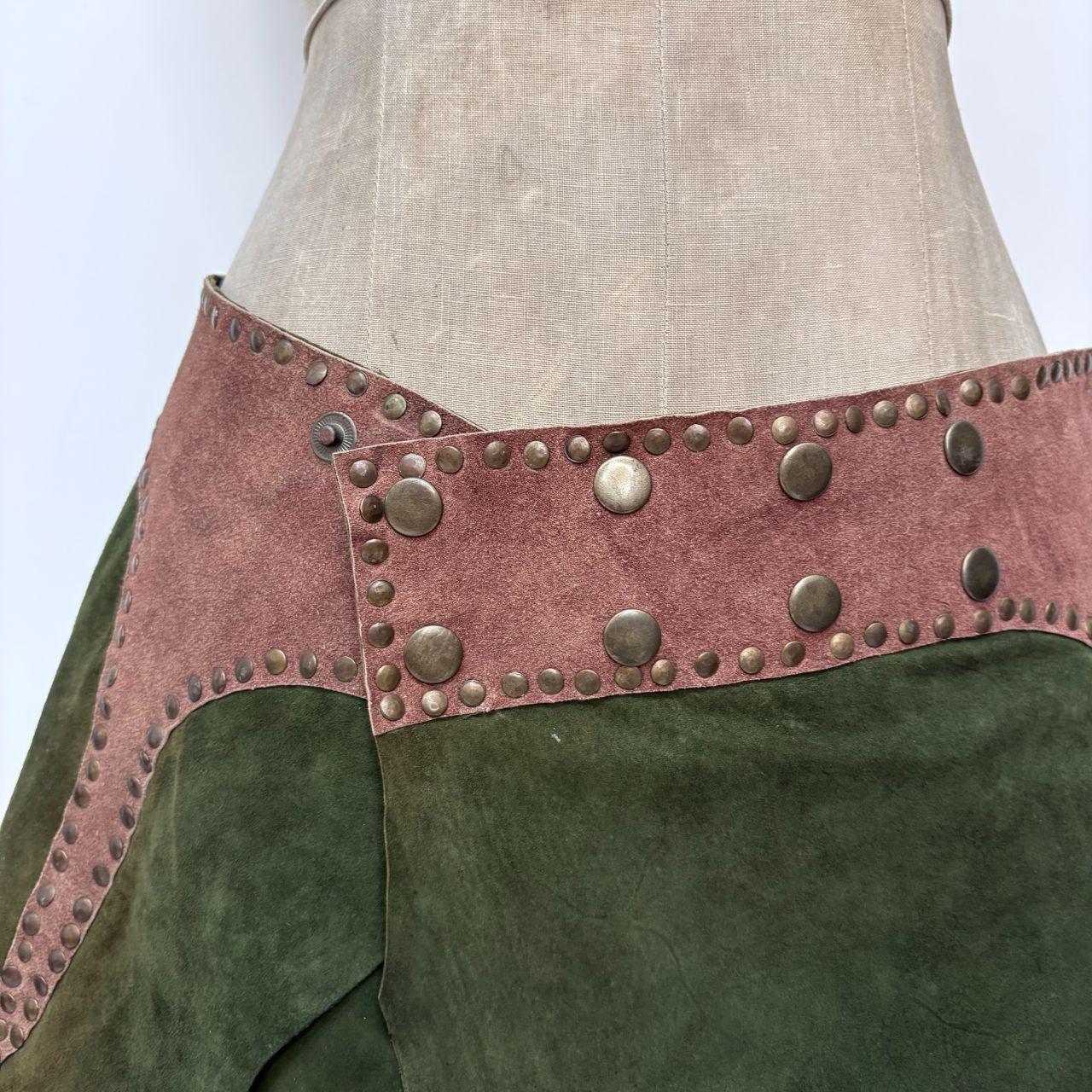 Khaki green studded boho leather skirt belt