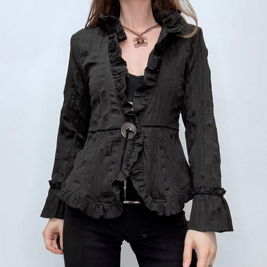Black crinkle flared ruffle shirt