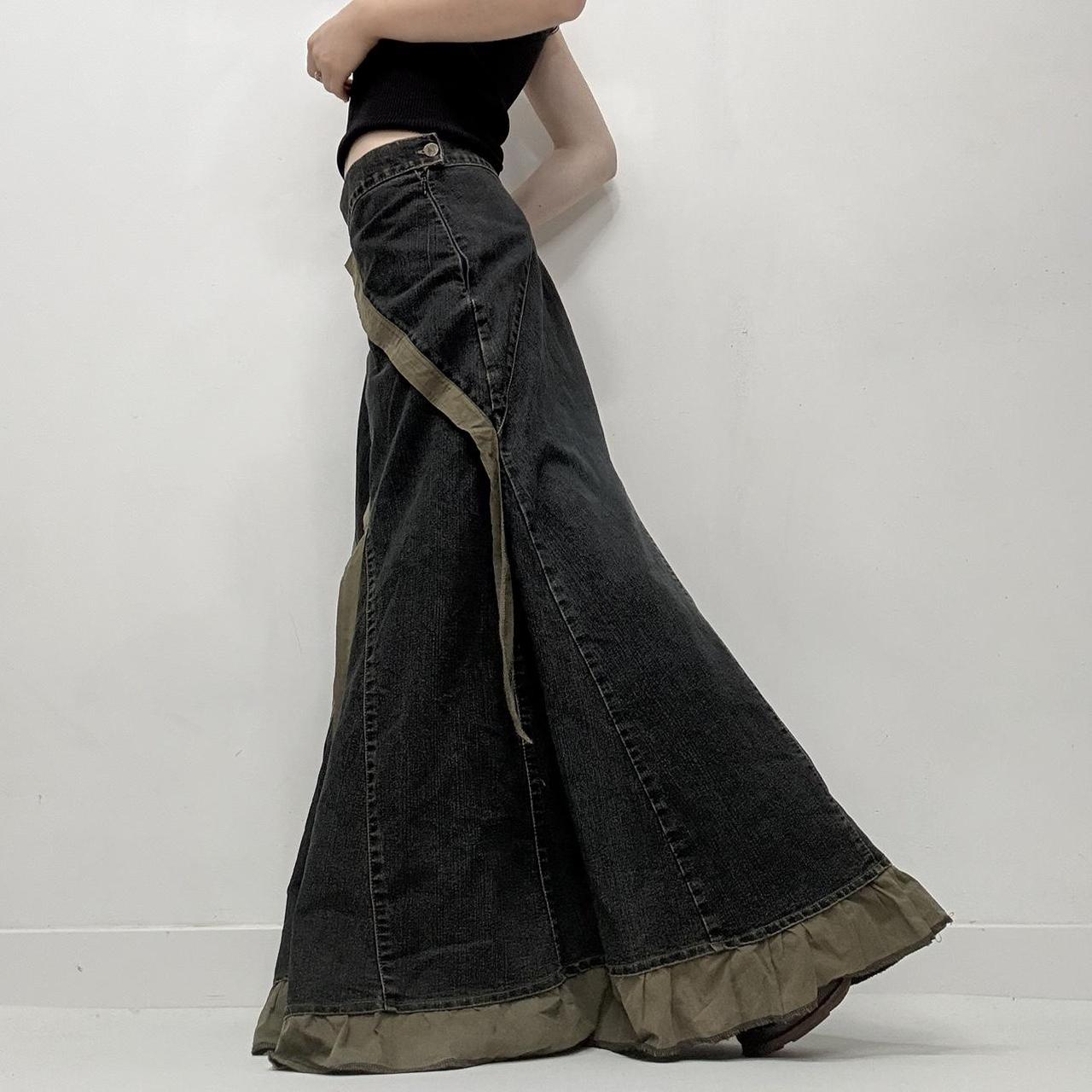 Dark denim ruffle maxi skirt