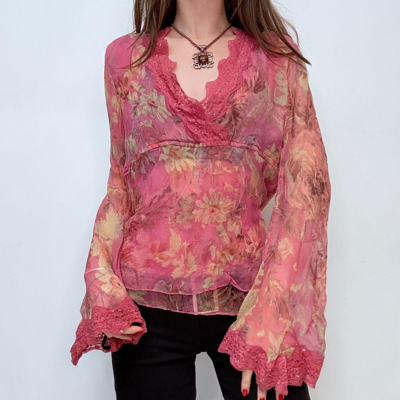 Pink silk floral lace flared shirt