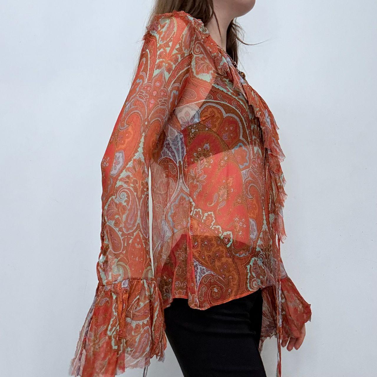 Paisley sheer silk flared ruffle shirt