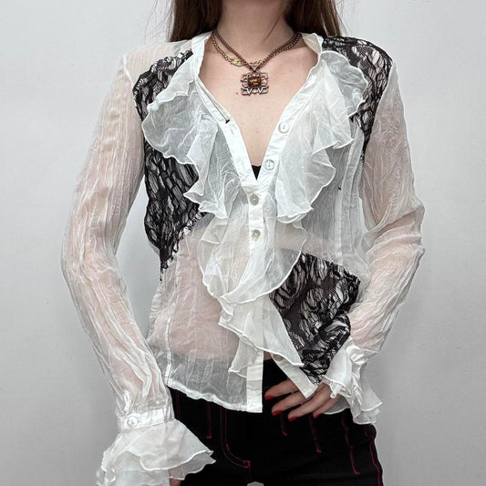 Sheer crinkle ruffle flared shirt