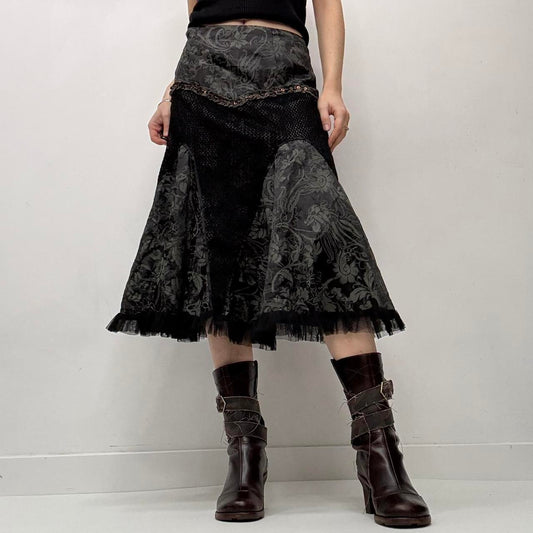 Black grunge baroque patterned midi skirt