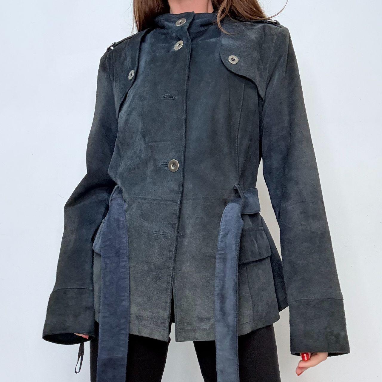Navy suede high neck flared jacket