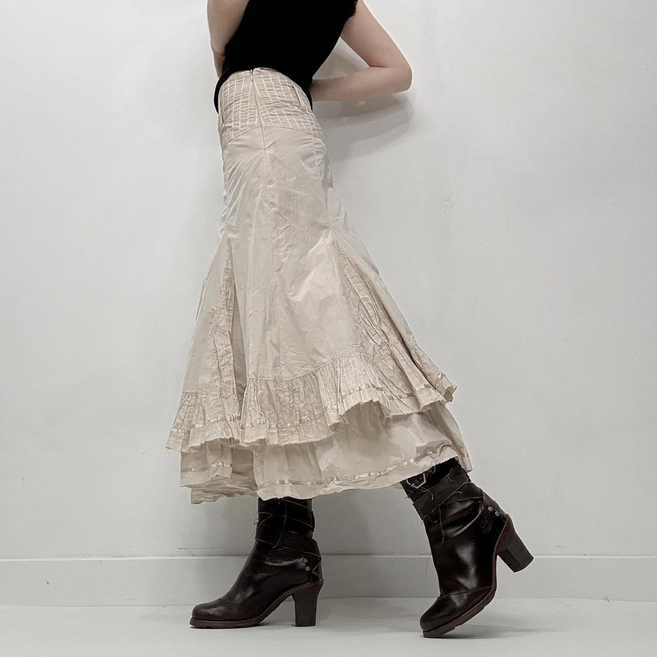 Tan pinstripe flared ruffle midi skirt