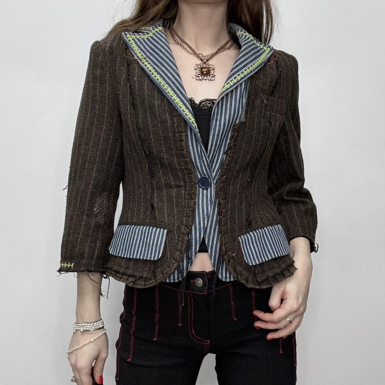 Brown pinstripe distressed layered jacket