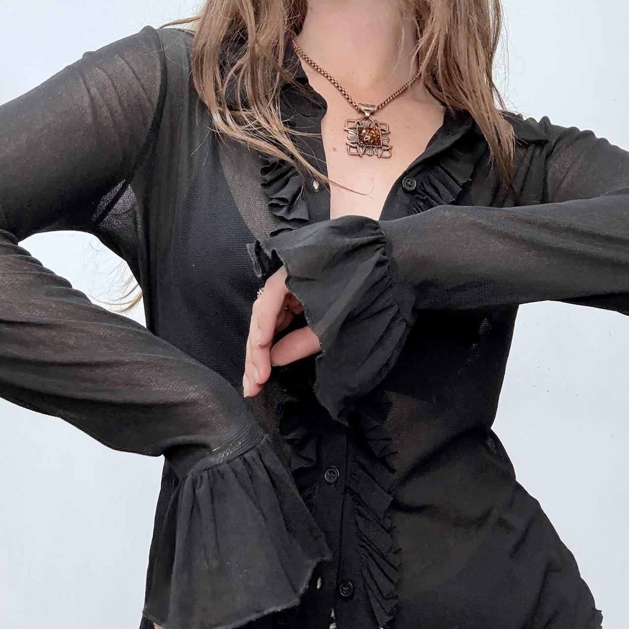 Black sheer flared ruffle shirt