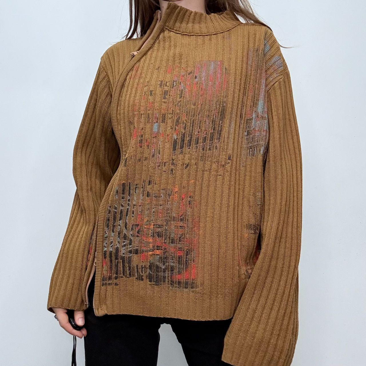 Tan ribbed flared asymmetric-zip jumper