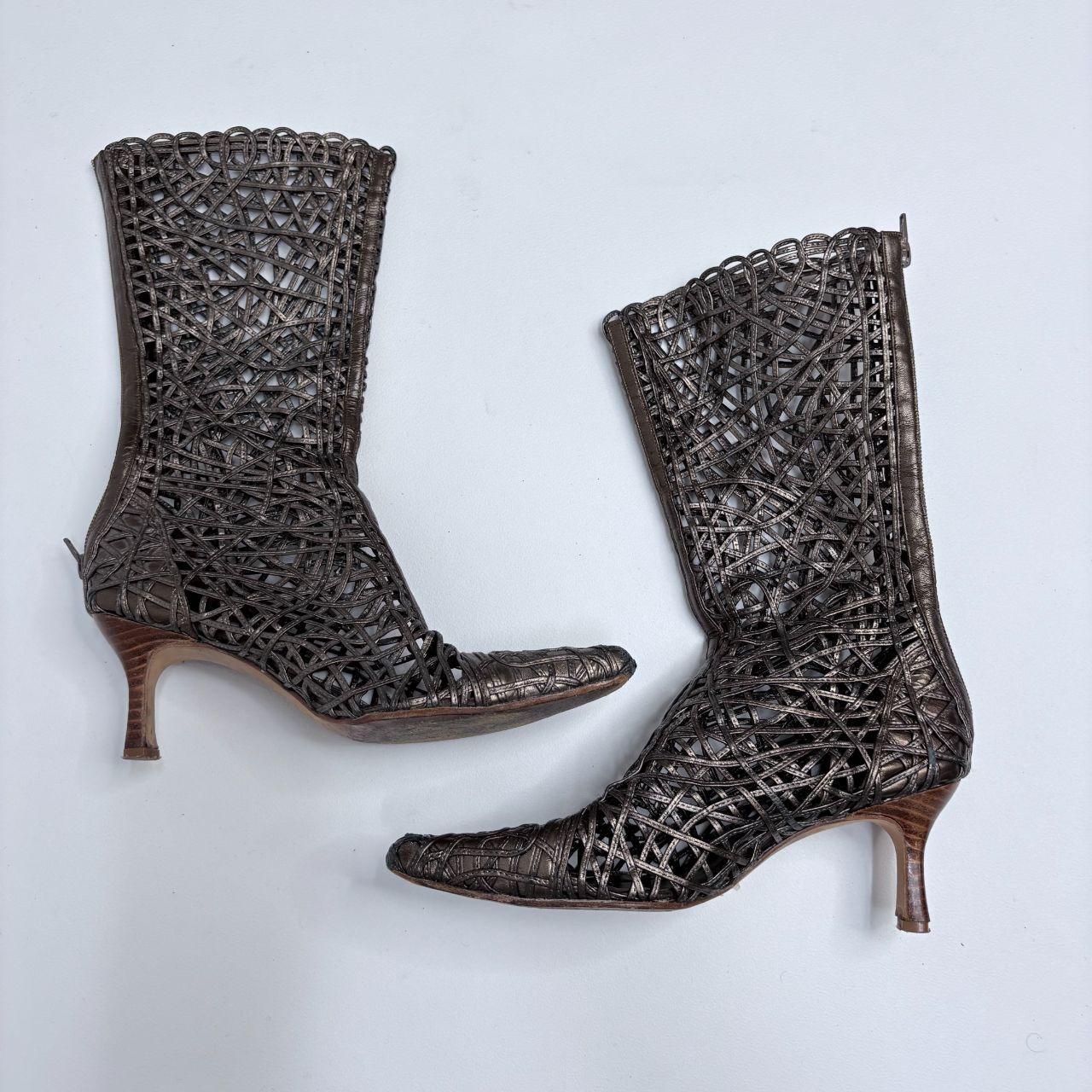 Woven sheer lace leather heel boots