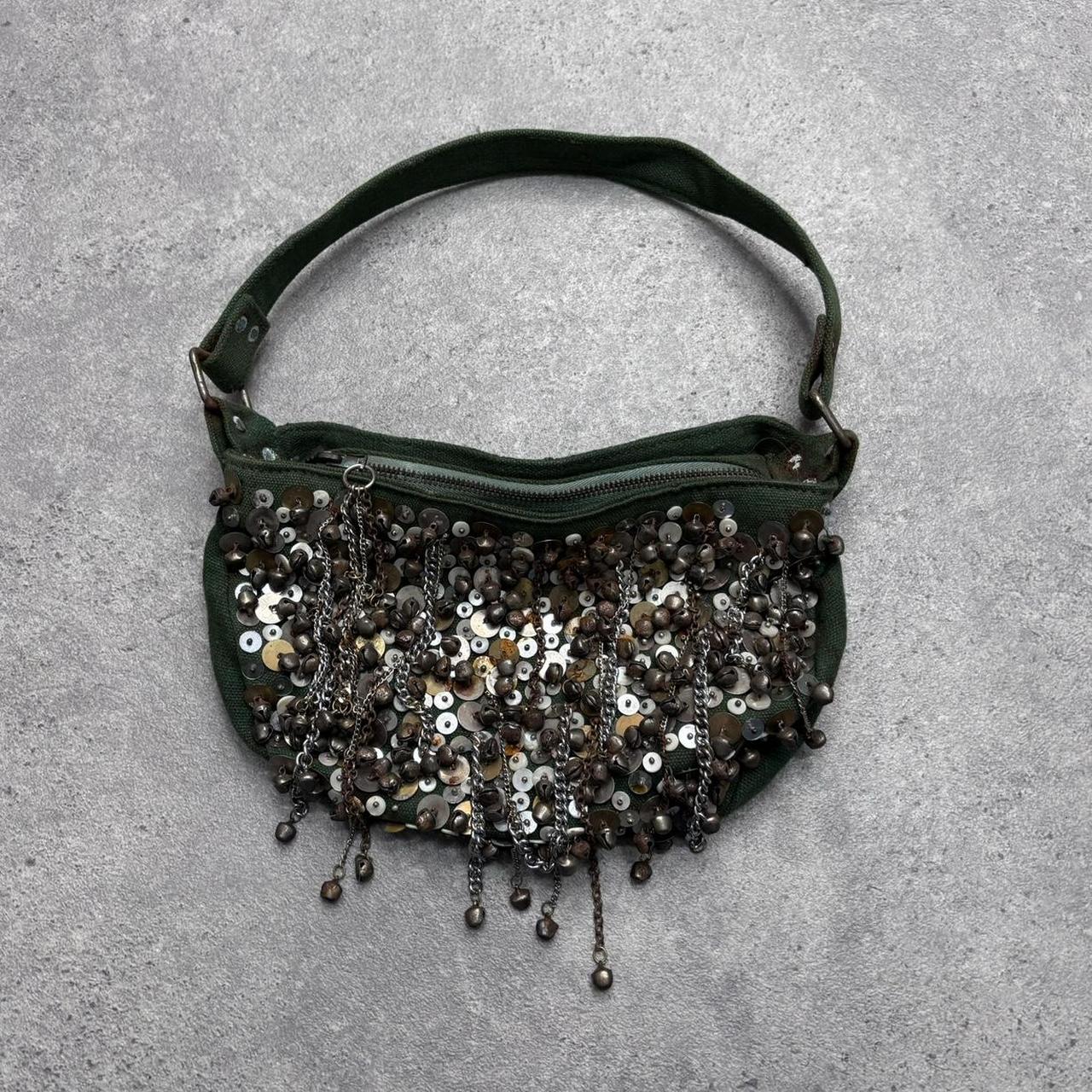 Green studded chain slouchy shoulder bag